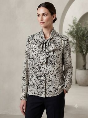 Molly Bracken Ivory and Black Wild Cat Tie-Neck Button Down Blouse Size Med